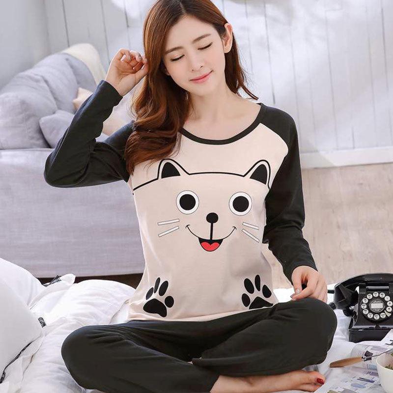 

Женский мультяшный пижамный комплект - Рубашка с длинным рукавом и брюки, Домашняя одежда для маленьких студенток на весну и осень L