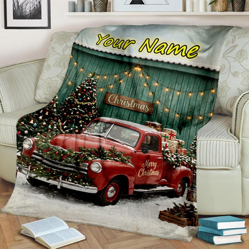 1PC Custom Name Christmas Vintage Truck blanket versatile,all-season throw suitable for the living room,bedroom,camping,travel,and gift