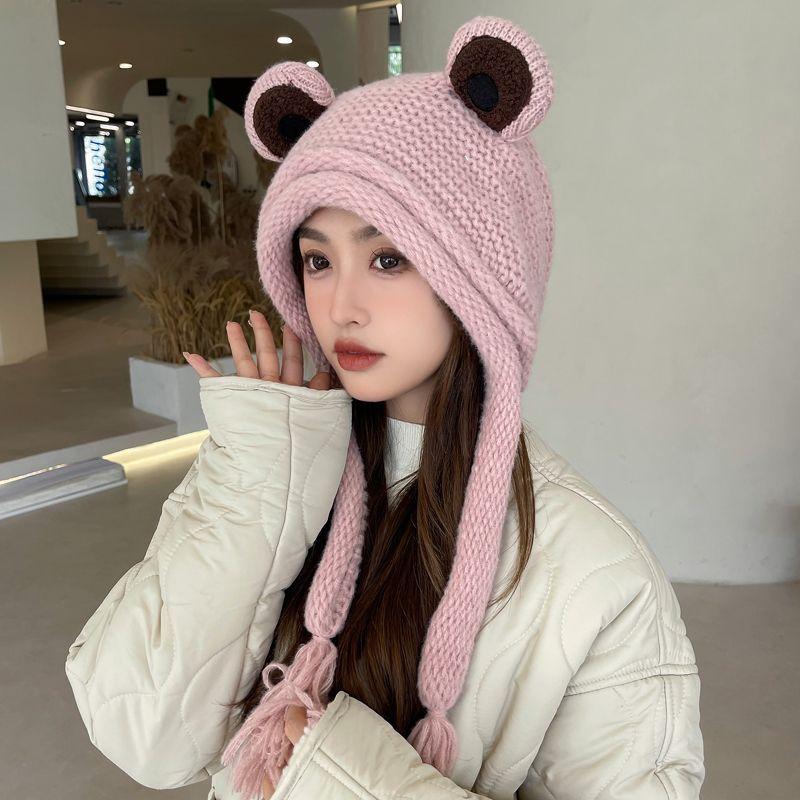 Froschmütze, Damen Strickmütze Winterwärme Quaste Winter Ohrenschutz Zehenkappe Grüne Wollmütze