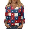Womens Casual V Neck Three Quarter Sleeve T Shirt Top with Independence Day Inspired Print Loose Fit Lightweight Blouse for Daily Wear