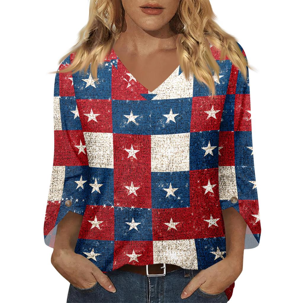 Womens Casual V Neck Three Quarter Sleeve T Shirt Top with Independence Day Inspired Print Loose Fit Lightweight Blouse for Daily Wear