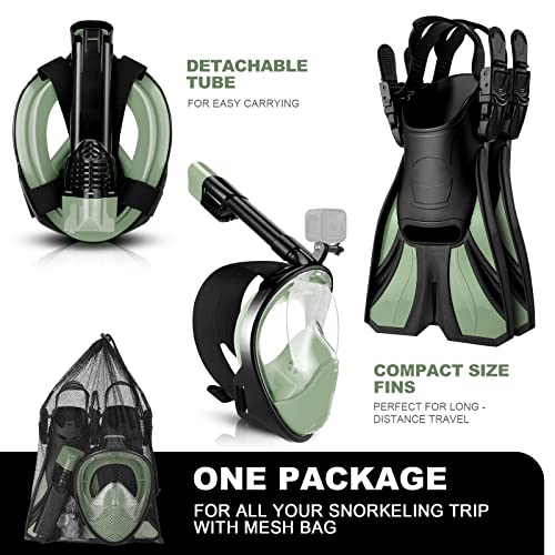 Odoland Snorkel Set, Full Face Diving Mask + Adjustable Fins + Storage Bag, 180-Degree Ultra-Wide Angle, GoPro Mountable, Anti-Fog, Easy to Put On and