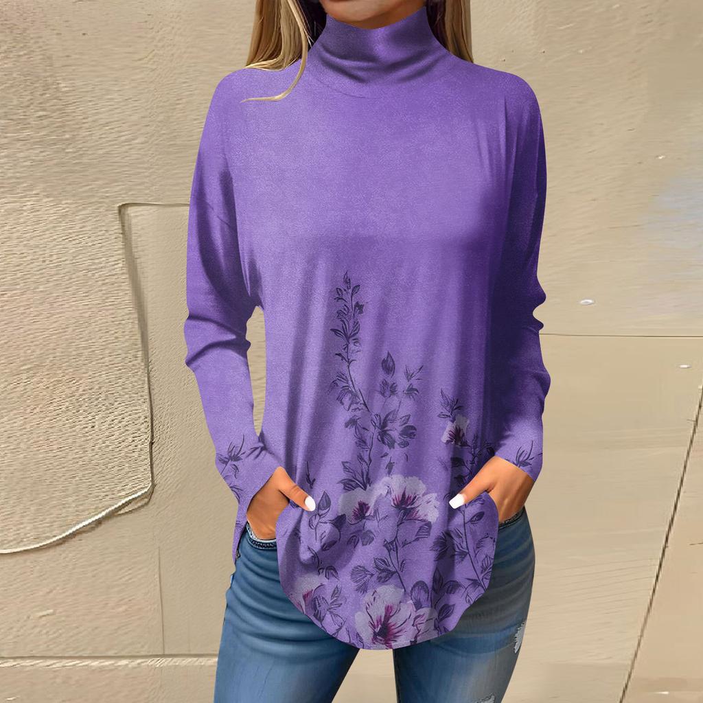 Tricouri pentru femei, toamnă, ocazional, cămăși cu mânecă lungă, hanorac, cu imprimeu vintage, cu gât înalt, pulover