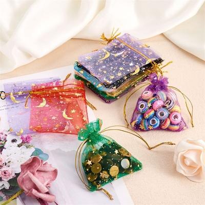 100-200pcs Moon Stars Drawstring Organza Bags Jewelry Gift Bags Pouches Gold Star Organza Favor Pouches for Christmas Wedding