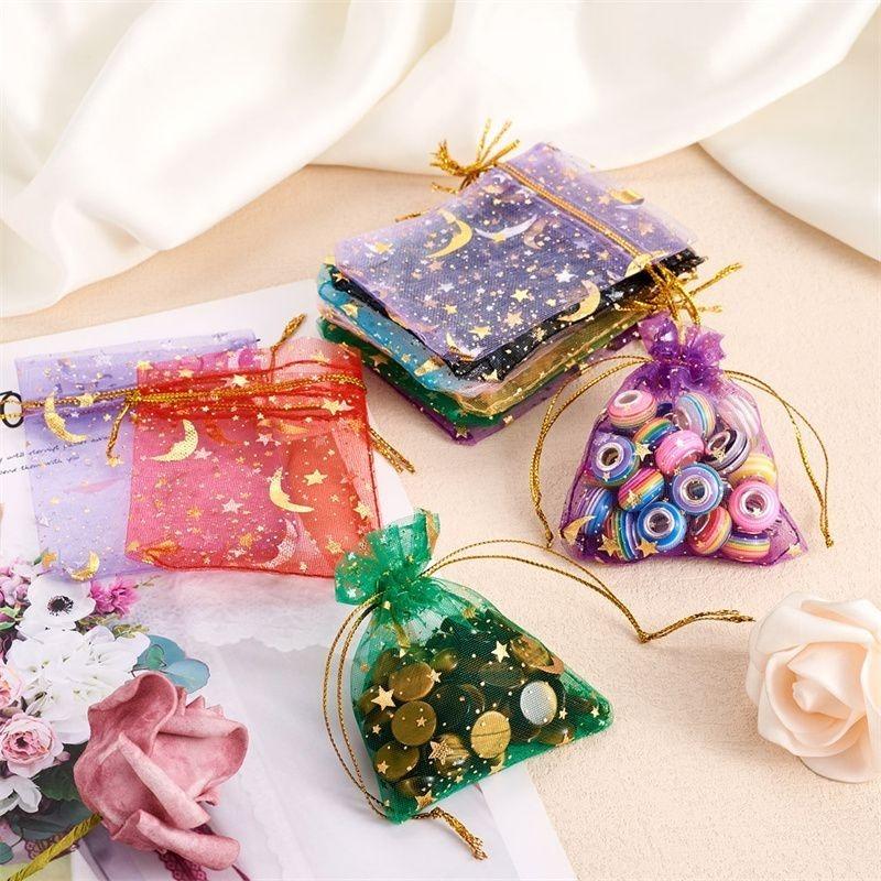 100pcs Organza Gift Bags with Small Drawstring Pouch, Grass Green, Moon Star, Wedding Packaging, Jewelry Storage Bags