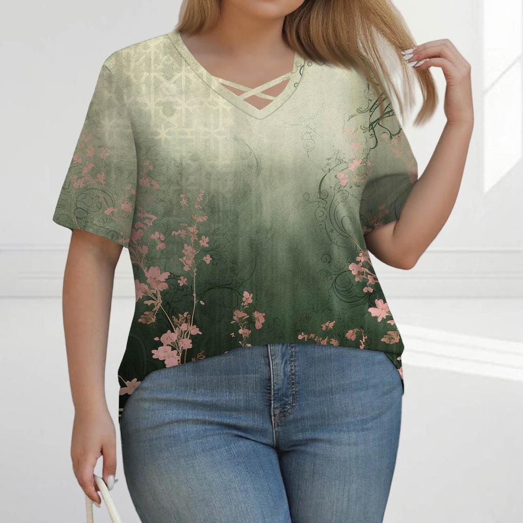 Women's Fashion Casual Solid Colour Stripe Printed V-Neck Short Sleeve Large Size T-Shirt Top