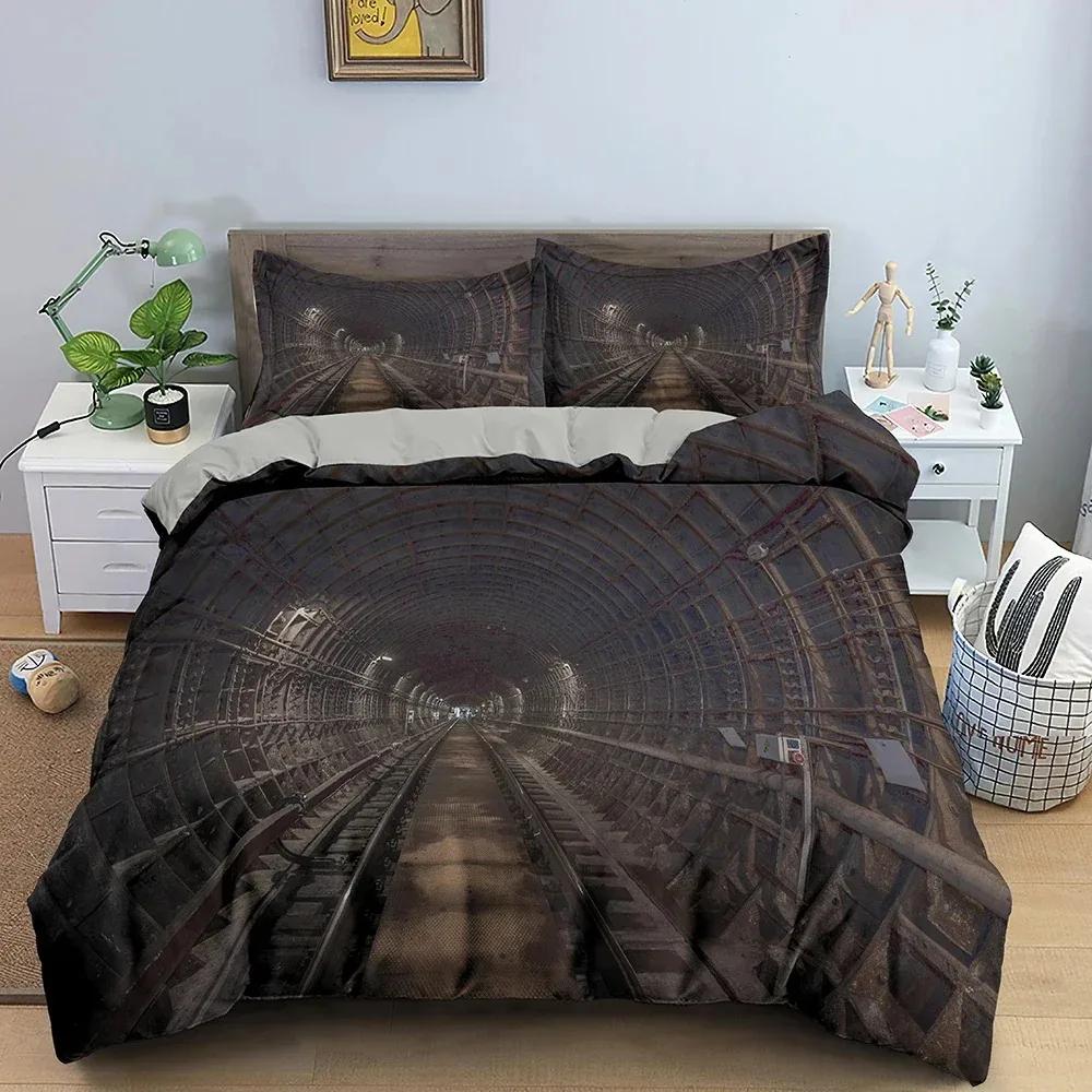 3-delat Retro Stil Sängkläder Set King Size Påslakan Sovrumsdekor Traditionella Holländska Väderkvarnar Vintage Järnvägsräls och Vagnar Sängkläder