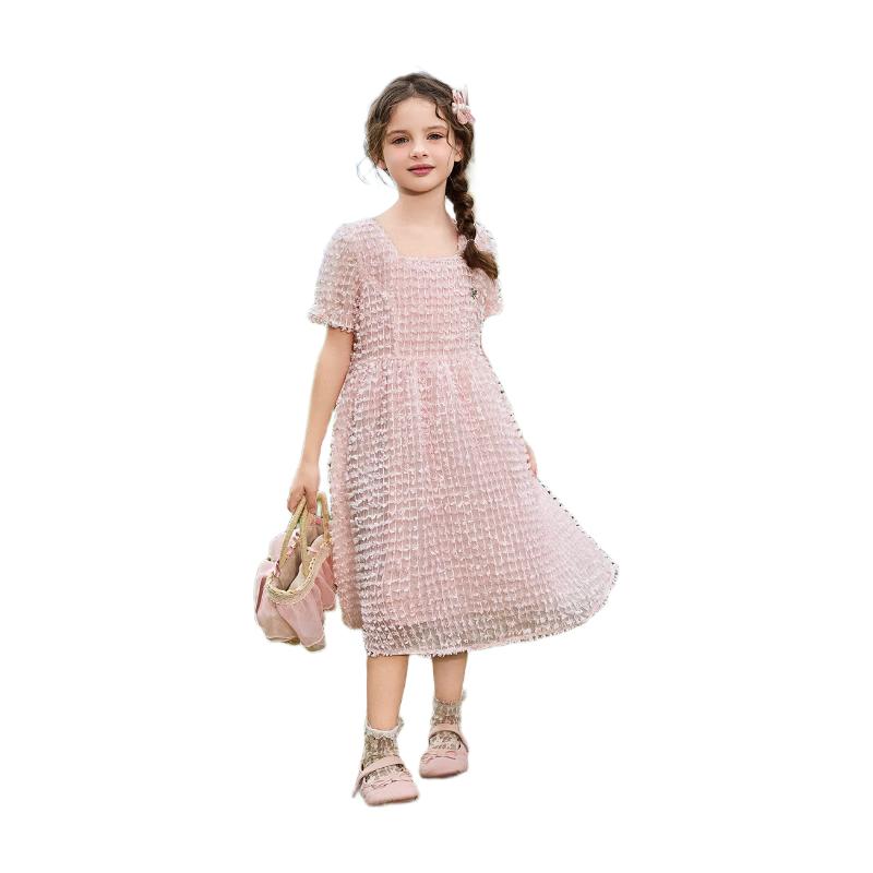 ASK JUNIOR Jacquard Fluffy Textured Girls Short-Sleeve Princess Dress 130