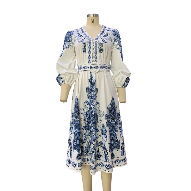 GMXIA Women's Fashion Spring Autumn Bohemia Print Long Sleeve V-Neck High Waist Casual Dresses