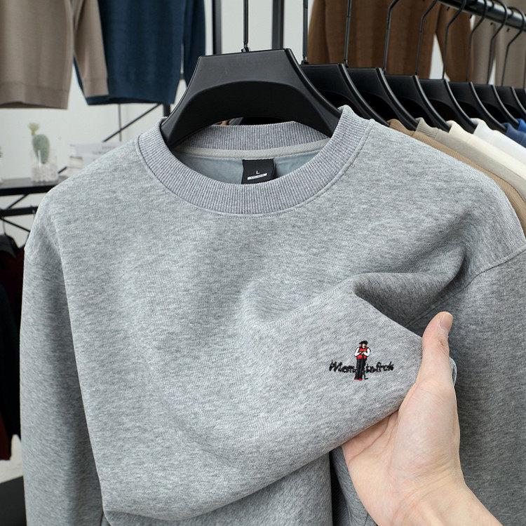 Men's Thickened Velvet Woodpecker Hoodie - Long Sleeve, Round Neck, Solid Color Cotton T-Shirt for Autumn/Winter