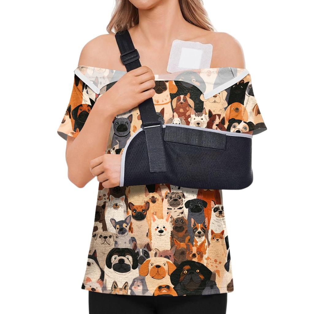 Women Shirt Animal Print Short Sleeve Top Shoulder Zipper Side Hook and Loop Closure Loose Fit Blouse