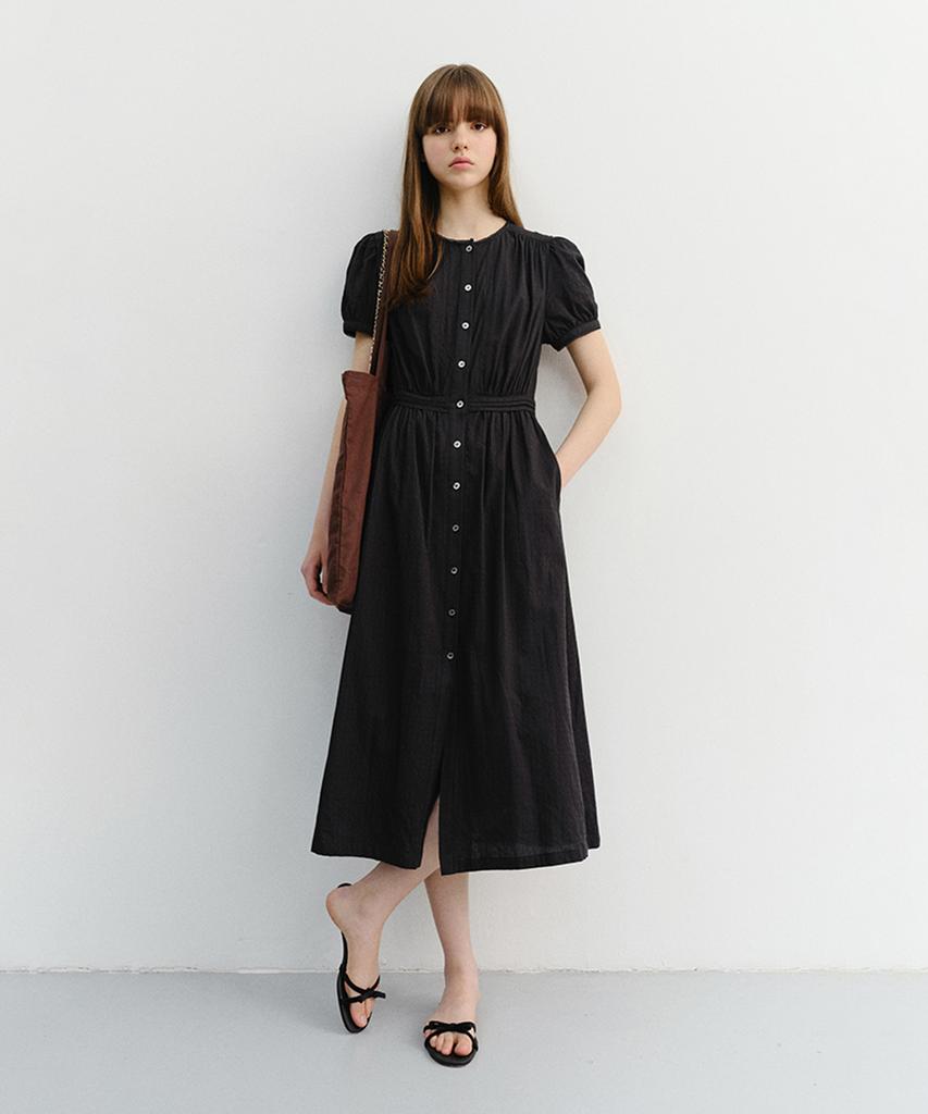Deonseuteu Maxi Shirring Half Sleeve Dress_Uddr6B221_Black