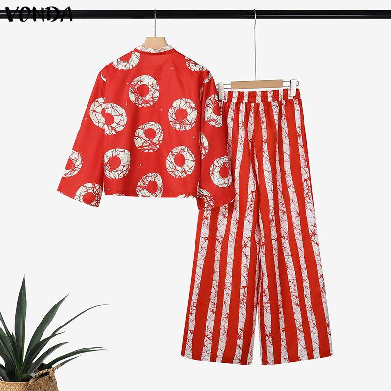 VONDA 2PCS Women Stand Neck Long Sleeve Print Cropped Blouse and Pants Casual Two Piece Suit Sets