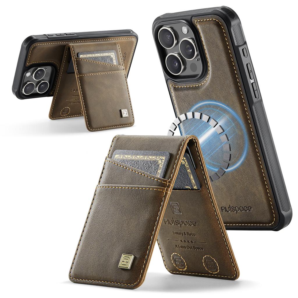 For iPhone 16 Pro Max Case AUTSPACE A12 Leather Back Cover with Magnetic Detachable Card Bag Kickstand
