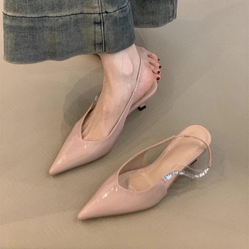 

Celebrity high heels spring and summer temperament elegant rhinestone pointed head shallow mouth thin heel bag head empty sandals 35