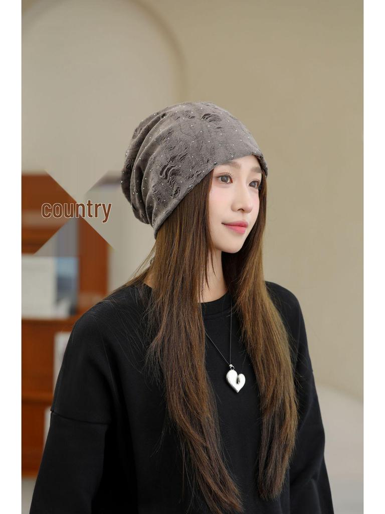 Versatile Rhinestone Loose Beanie for Women - Breathable, No Makeup, Large Head Fit, Fashionable Autumn Winter Head Wrap