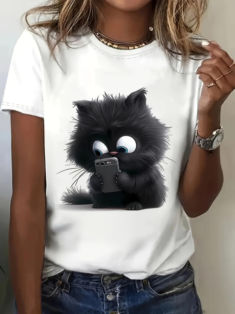 Fluffy Cat Phone Womens Tee Cute Cartoon Feline Graphic Playful Print for Casual Daily Wear