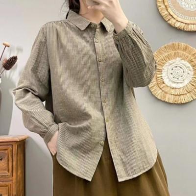 Pure Cotton Artistic Retro Fine Stripe Shirt Women's Double-layer Cotton Gauze Long Sleeved Shirt Spring Autumn Versatile Shirt Blouses & Shirts
