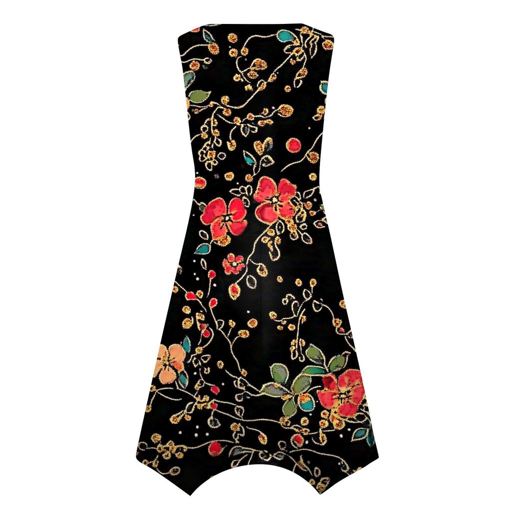 Women's Casual Fashion Round Neck Sleeveless Floral Print Irregular Hem Midi Dress