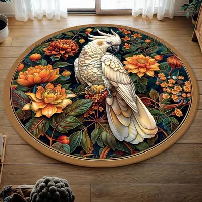 Kulatý květinový koberec s designem kakadu, pratelný koberec boho vintage vraní koberec do obývacího pokoje, ložnice, bytová dekorace podložka na podlahu