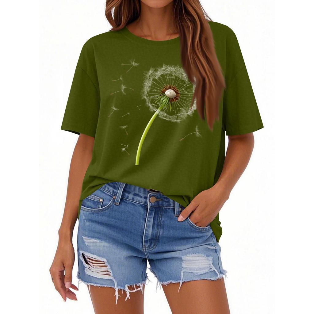 Women's Casual Loose Printed T-shirt Round Neck Pullover Short Sleeved Top