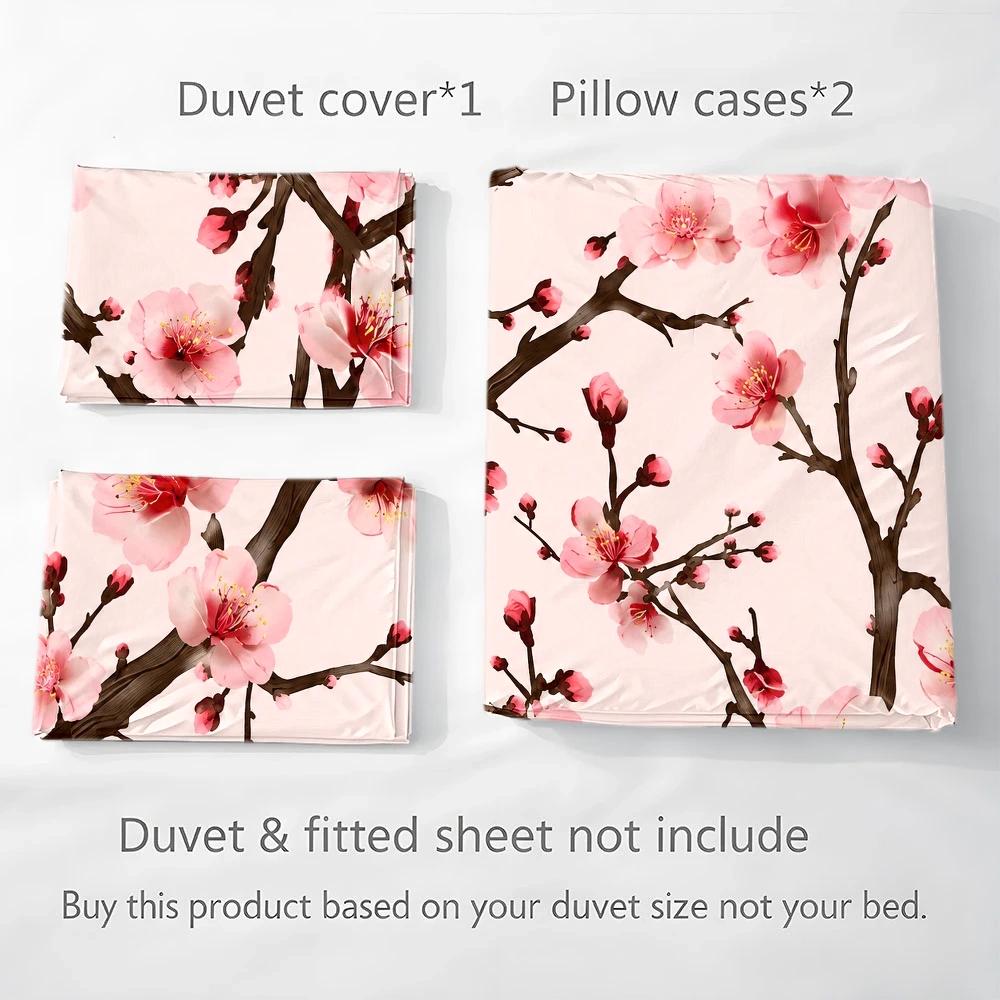 3Pc Cherry Blossom Quilt Cover Set - Nordic Style Bedding Set with Invisible Zipper, Soft Breathable Double Bed Cover