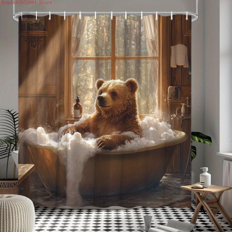 

1Pc Bear Shower Curtain Funny Brown Bear Wild Animal Taking - With Hooks Waterproof Mildew Proof Easy Install Washable W60H190(CM)-1 Pcs