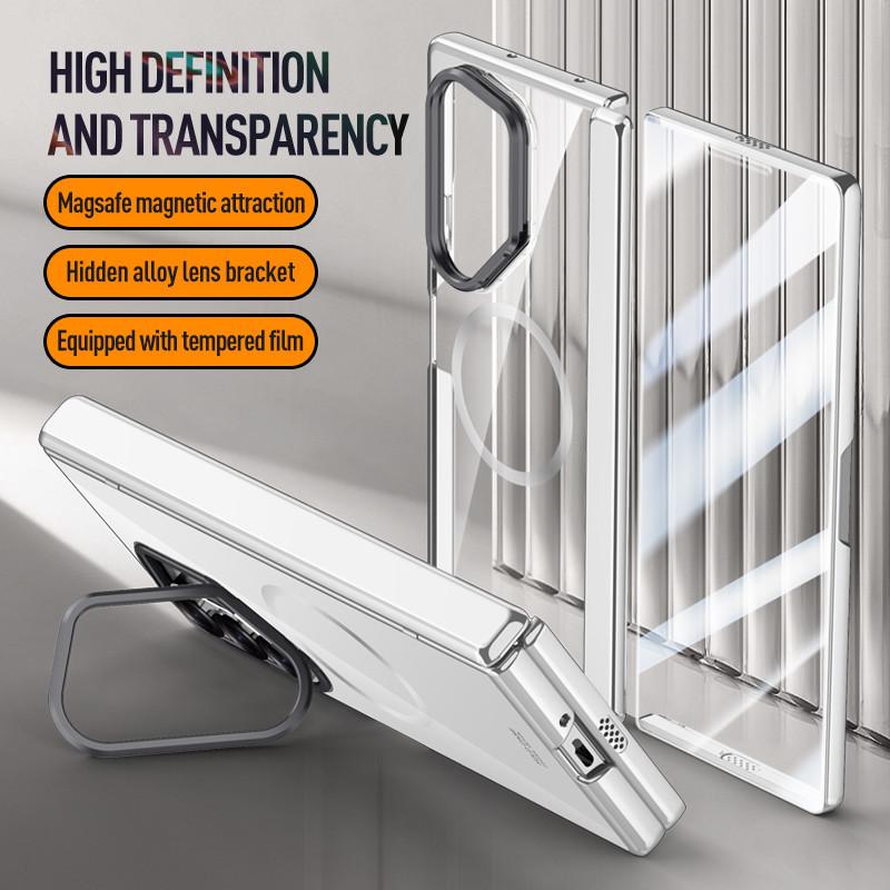 Lens Protect Stand Magnetic Phone Case for Samsung Galaxy Z Fold 6 5G Magsafe Electroplated Hinge Clear Metal Ring Holder Cover