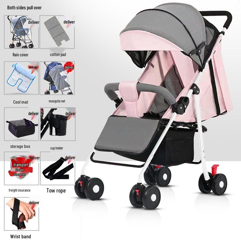 Lightweight Foldable Stroller: Sit or Lie Position, Four-Wheel Design, One-Key Fold for Kids and Babies.