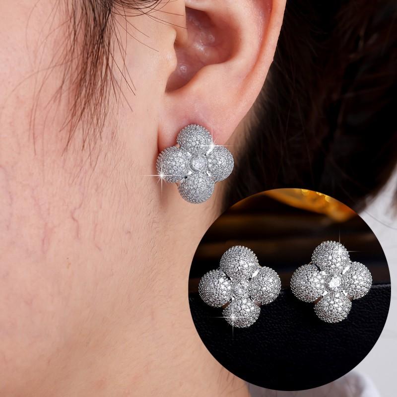 Elegant Four Leaf Clover Zircon Necklace Earring Set Women Gold Tone Fine Jewelry Wedding Bridal Accessory