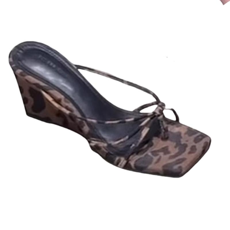 Fashion Leopard Women Slippers Wedges Clip Toe Fashion Shoes Summer High Heeled Sandals Woman 2025 Elegant Dress New Zapatos De Mujer