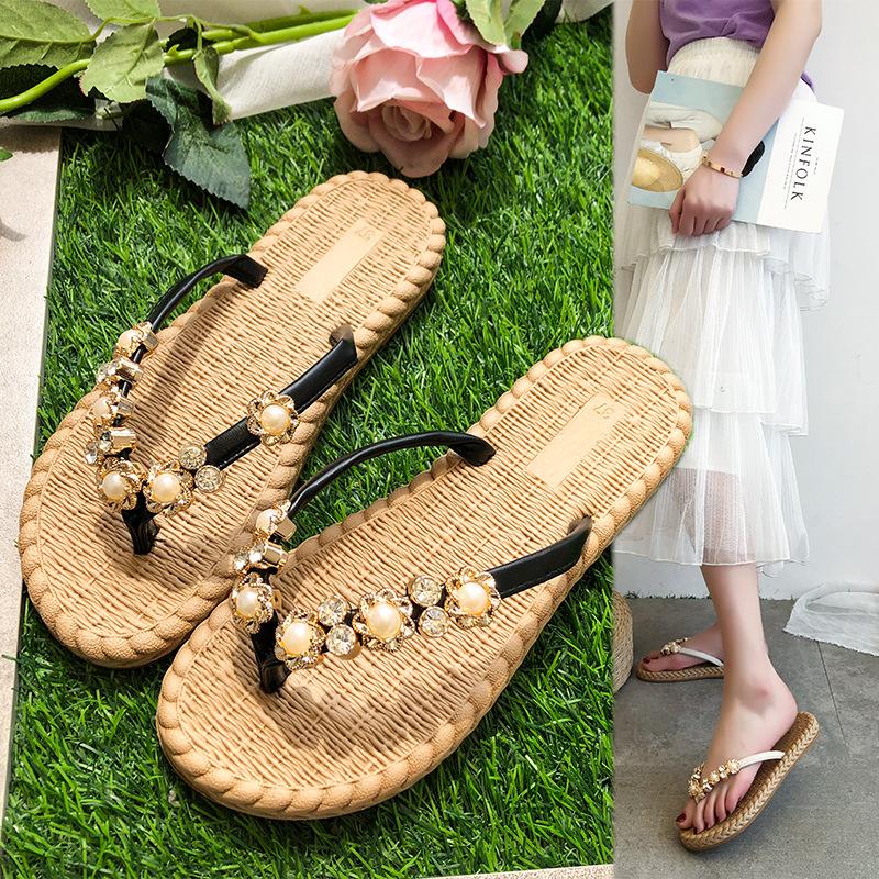 Slippers Female Casual Summer Sandal Slippers Flip-flops Flat Bottom Rhinestone Clip Toe Slippers Female Shoes Elegant Women's Shoes