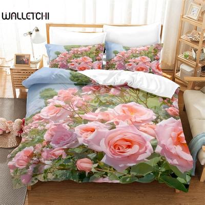 Juego de cama con diseño de plantas y flores, funda nórdica con rosas rosas, ropa de cama con impresión digital en 3D, juego de cama tamaño Queen, diseño de moda