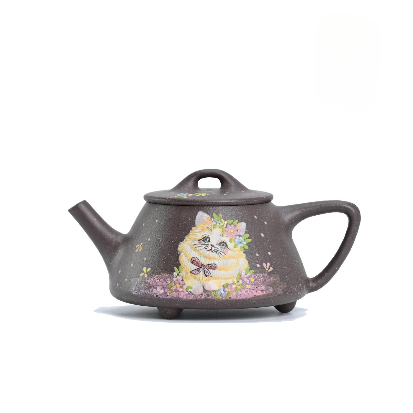 

150ml Antique Yixing Purple Clay Teapots Handmade Painted Cat Stone Ladle Pot Raw Ore Mud Kettle With Strainer Zisha Tea Set Cha