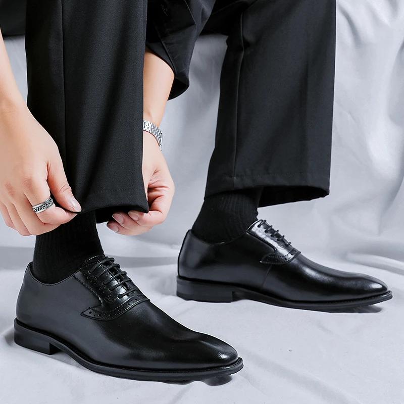 Men Wedding Dress Shoes Fashion Leather Shoes Pointed Lace-up Oxfords Business Shoe Formal Black Brogue Shoes Men Footwear