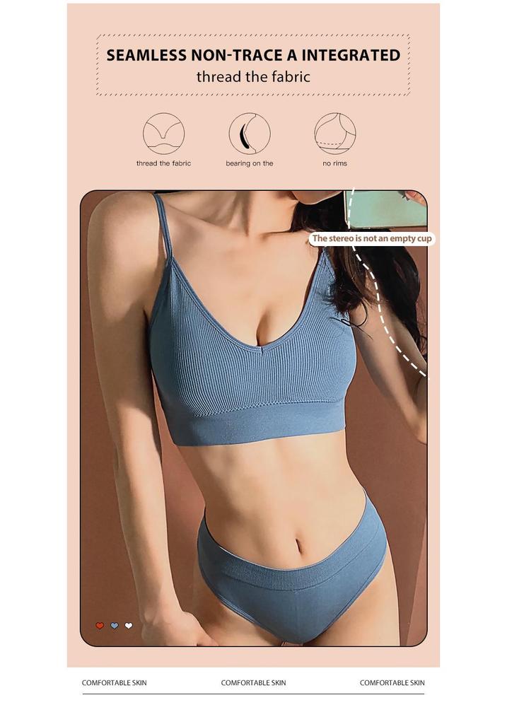 Women's French Wirefree Push-Up Bra Set - Thin, Sexy Triangle Cup Sports Underwear with Beautiful Back Design, Two-Piece.