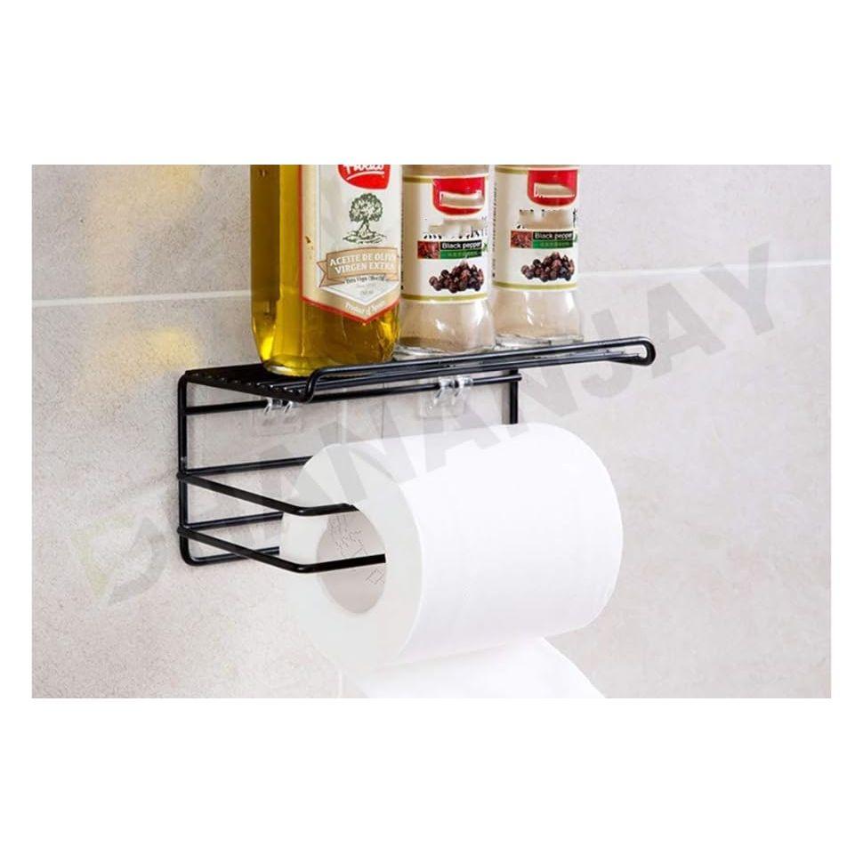 Self Adhesive Toilet Paper Holder/Tissue Paper Roll Holder with Mobile Stand/Towel Bar Hanger Storage Rack/Bathroom Accessories (Black)