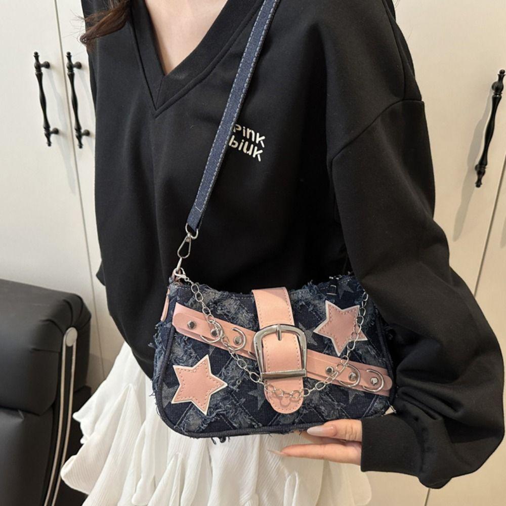 

Chain Strap Stars Pattern Shoulder Bag Korean Style Y2K Denim Tote Bag Travel Style E