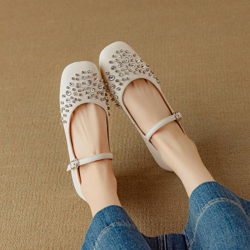 Krazing Pot Sheepskin Summer Autumn Size 40 Low Heels Crystal-studded Mary Janes Square Toe Gladiator Shallow Pumps