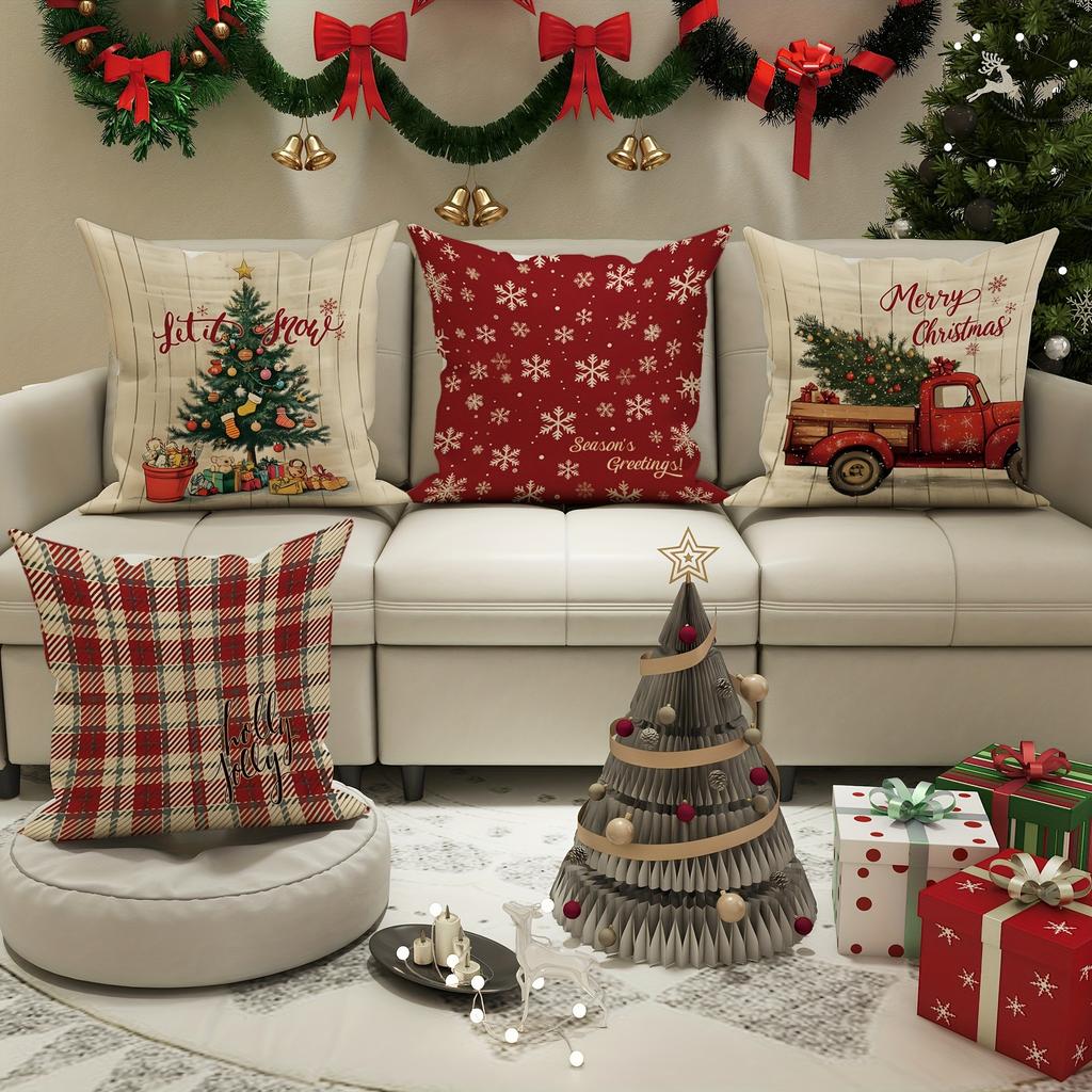 Festive Christmas Pillowcases: Let It Snow, Season's Greetings, Holly Jolly,and Merry Christmas Designs New Year Home Decoration