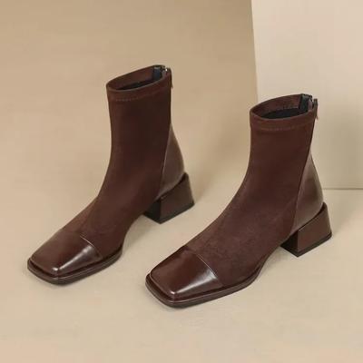 Mulheres Moda Biqueira Quadrada Salto Grosso Botas Curtas Novo Outono Inverno Conciso Elástico Skinny Sapatos de Salto Alto Zapatos De Mujer