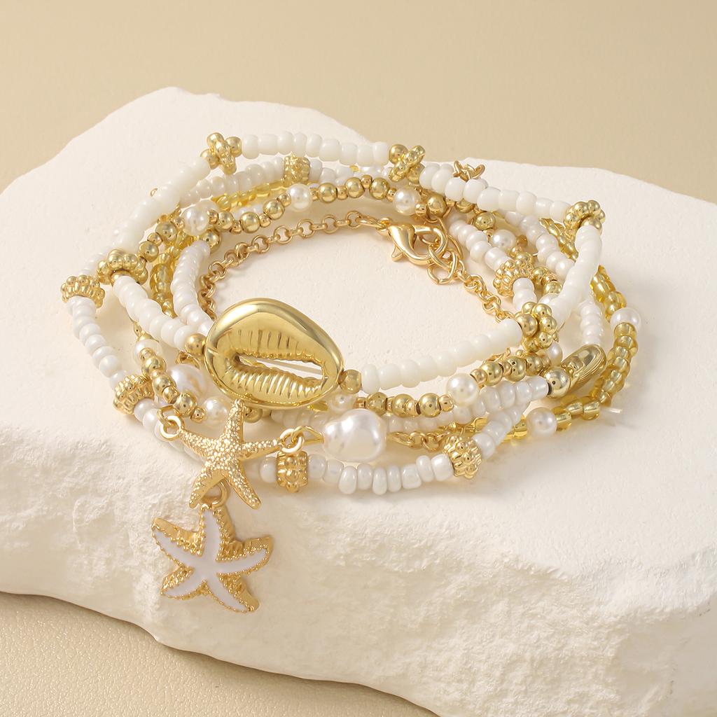 Vintage Seed Bead Stacked Bracelet Set Starfish Shell Embellishment Bracelets Elegant Women's Summer Beach Party Ideal Zircon