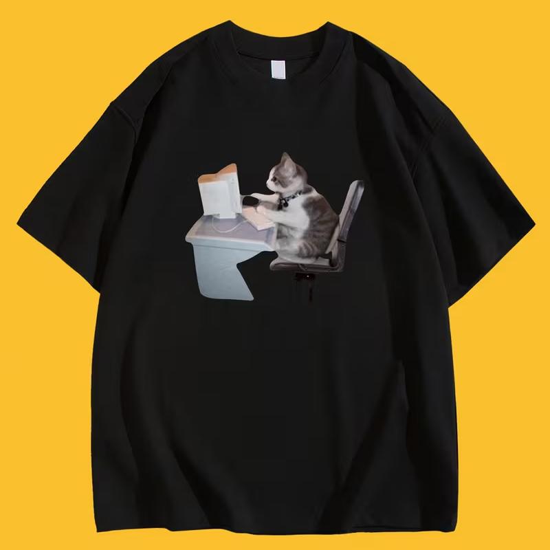 CartoonThemed Pattern TShirt with Cat Working OvertimeStylish RoundNeck Short Sleeves for SummerCasual Outings Unisex Tops
