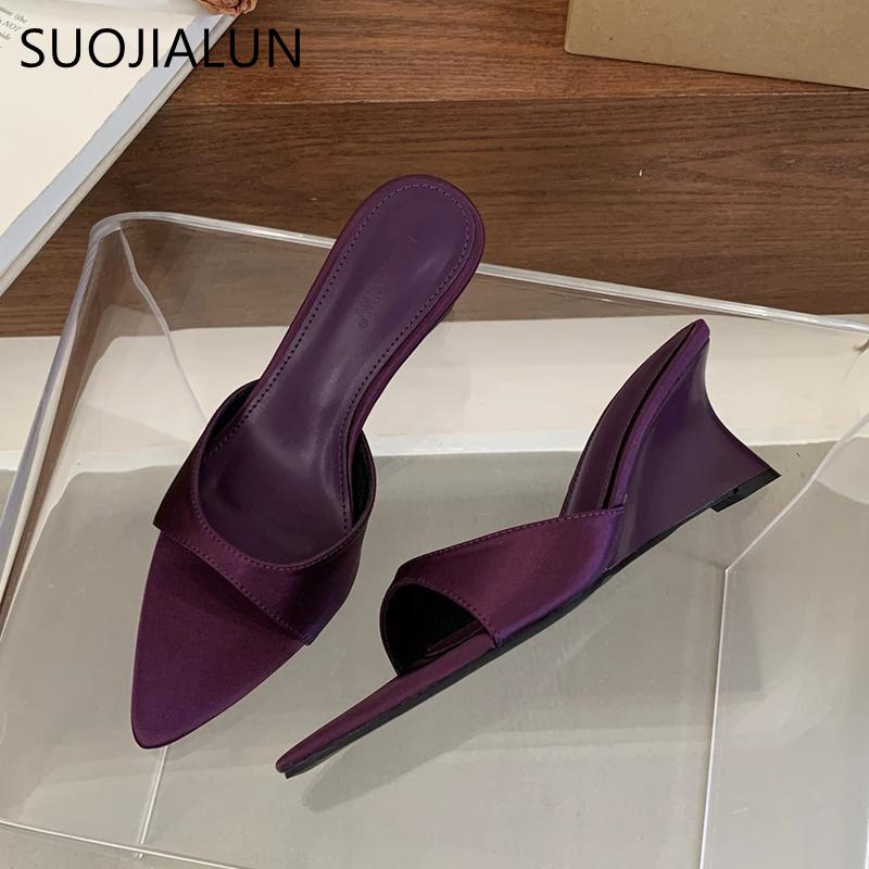 Fashion SUOJIALUN 2025 Summer New Brand Women Slipper Fashion High Wedge Heel Slip On Open Toe Slides Ladies Elegant Outdoor Dress Sanda