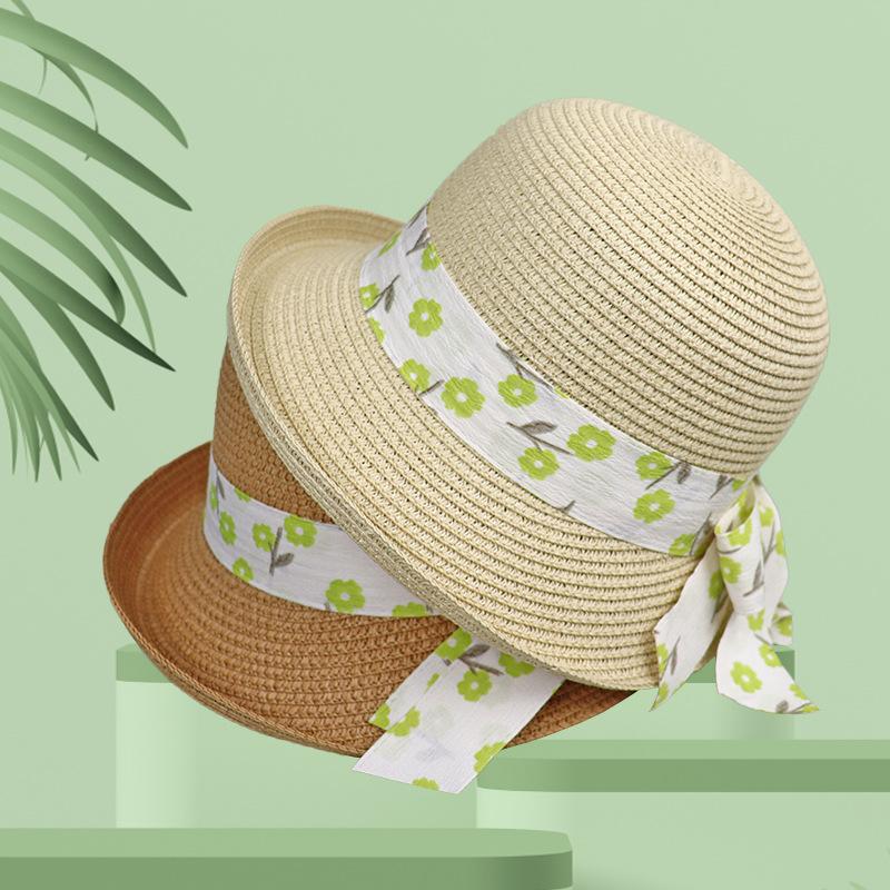 French Straw Hat Female Summer Sweet Cute Girl Floral Lace Strap Curled Sun Hat Seaside Beach Photo