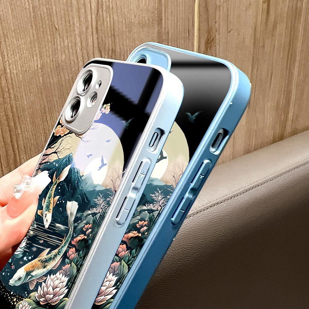 LotusFlower Goldfish Phone Case Metallic Lacquer Tempered Glass Shockproof Cover for Huawei Honor iPhone OPPO Realme OnePlus Xiaomi Redmi Samsung Vivo