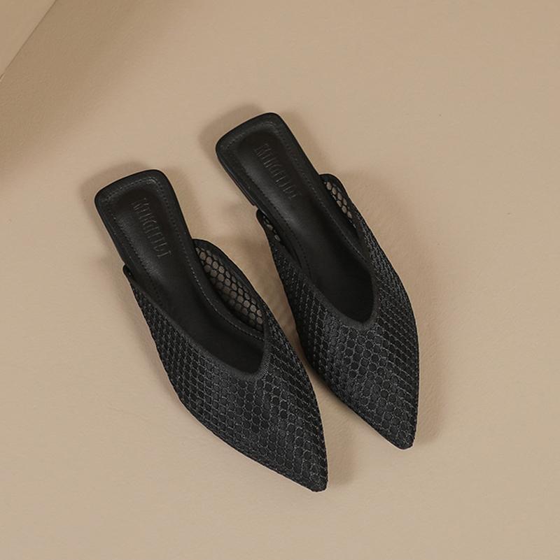 

Модные тапочки из сетчатой ткани для женщин, с острым носком, на низком каблуке, из воздухопроницаемой сетки, сандалии женские с вырезами и кружевом, шлепанцы для улицы, летняя обувь, большой размер 43 39 чёрный