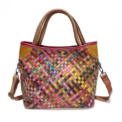 Women'S Bag Leather Hand-Woven Bag Ethnic Style Color Striped Women'S Portable Messenger Bag