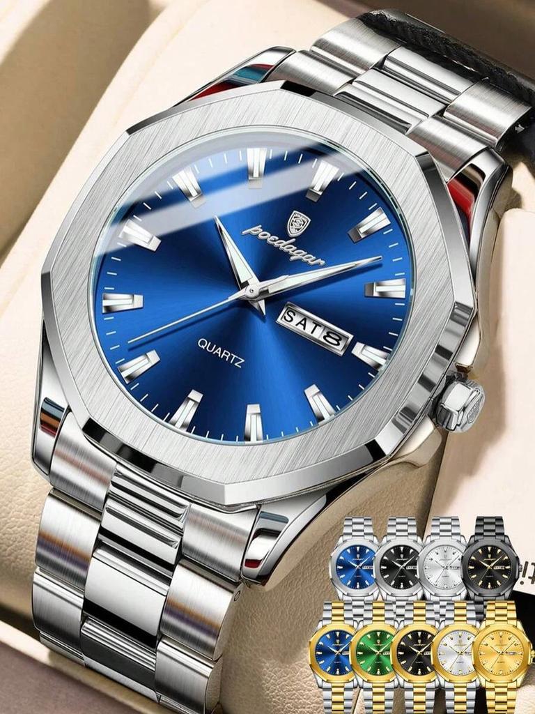 POEDAGAR Luxury Men Wristwatch Waterproof Luminous Week Date Casual Clock Stainless Steel Quartz Fashion Watches Reloj