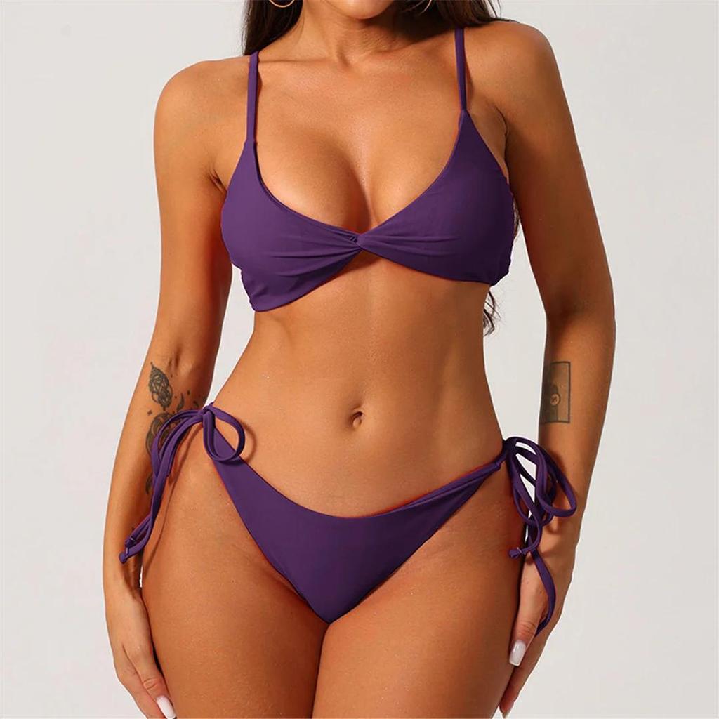 S - XL 19 Colors Pleated High Leg Cut Bikini Female Swimsuit Women Swimwear Two-Pieces Bikini Set Bather Bathing Suit Swim
